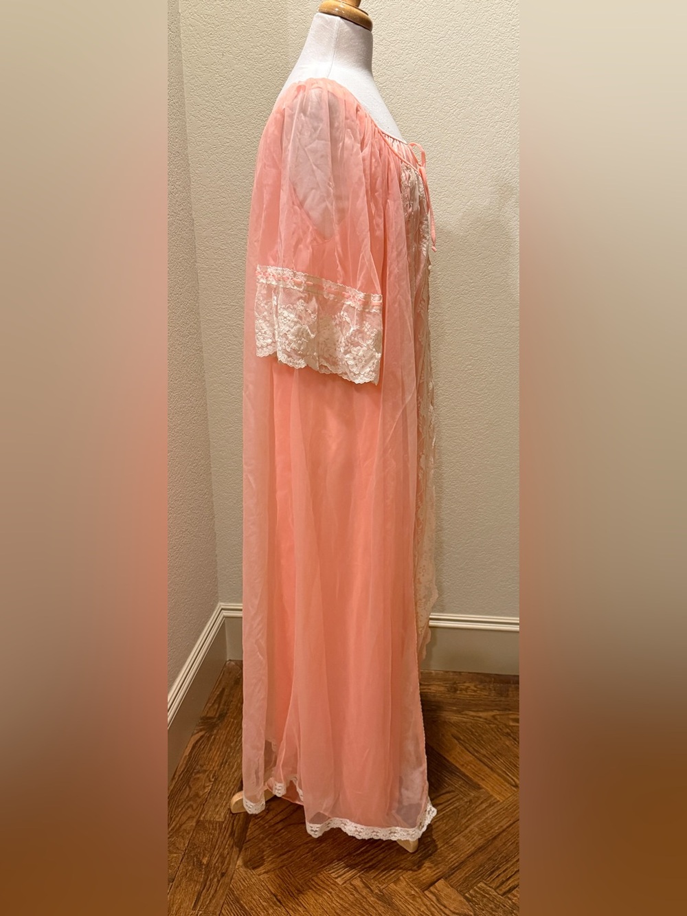 VTG 60s Sheer Peach 2 Pc Set Peignoir Robe Chiffon Lace Long Dressing Gown XXL - Picture 4 of 11